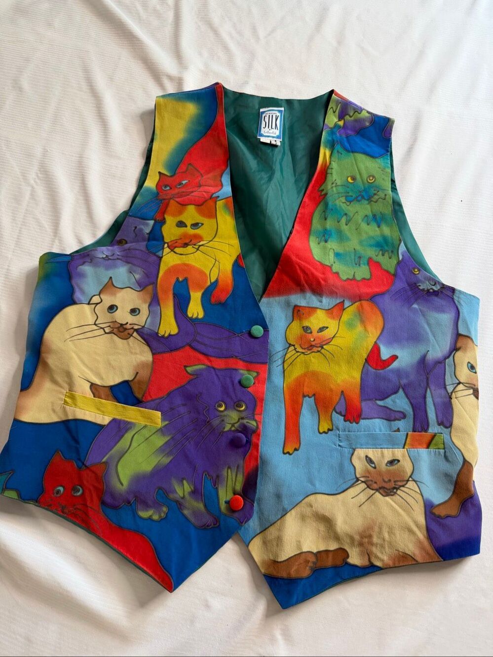 Vintage Sensual Silk Carolee Ltd Cat Print Vest L XL Colorful Novelty Art Wear